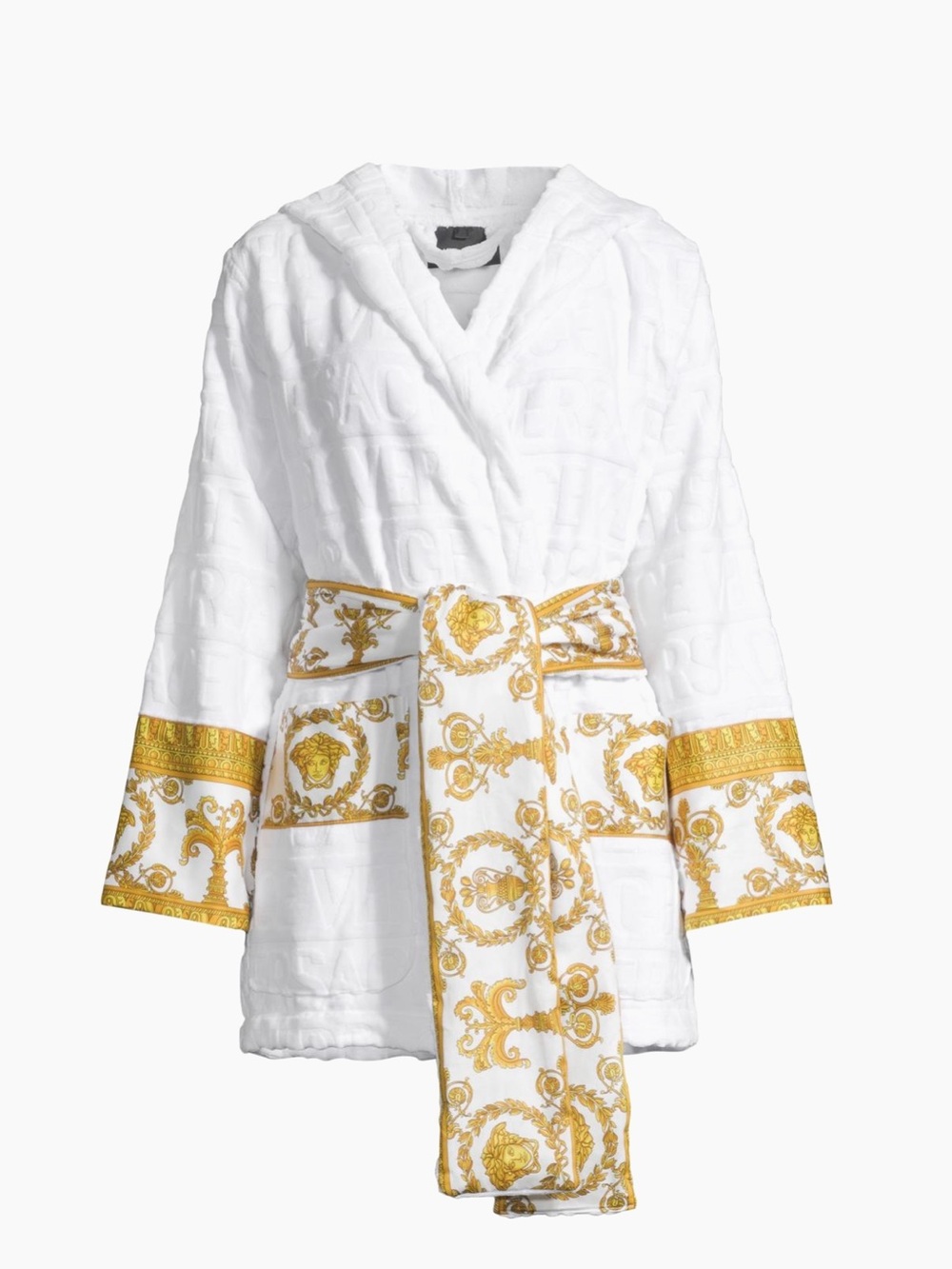 Versace White Hooded Robe with Gold Baroque Print